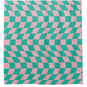 Warped Retro Chequerboard Pink Green Chequered Shower Curtain