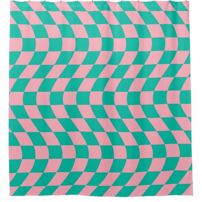 Warped Retro Chequerboard Pink Green Chequered Shower Curtain (Front)