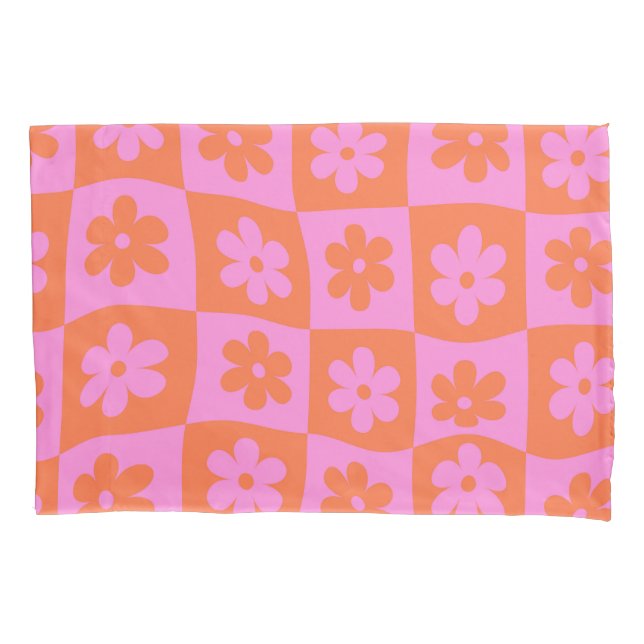 Warped Retro Pink orange Flowers on Checkerboards  Pillowcase (Front)