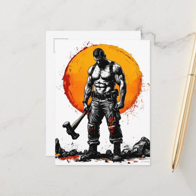 warrior barbarian mediaeval fantasy hummer strengt announcement postcard (Front/Back In Situ)