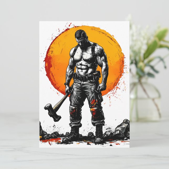warrior barbarian mediaeval fantasy hummer strengt thank you card (Standing Front)