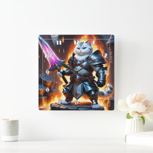 Warrior Cat in Armour With Glowing Sword Square Wall Clock