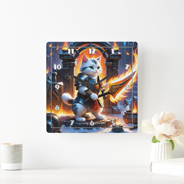 Warrior Cat in Flame-Illuminated Fortress Square Wall Clock (Home)