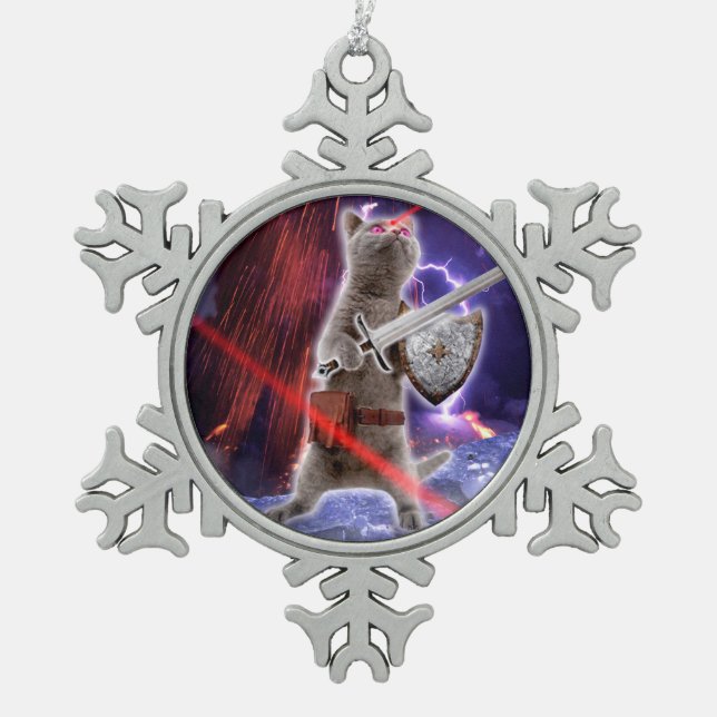 Warrior cat with lasers from eye snowflake pewter christmas ornament (Front)