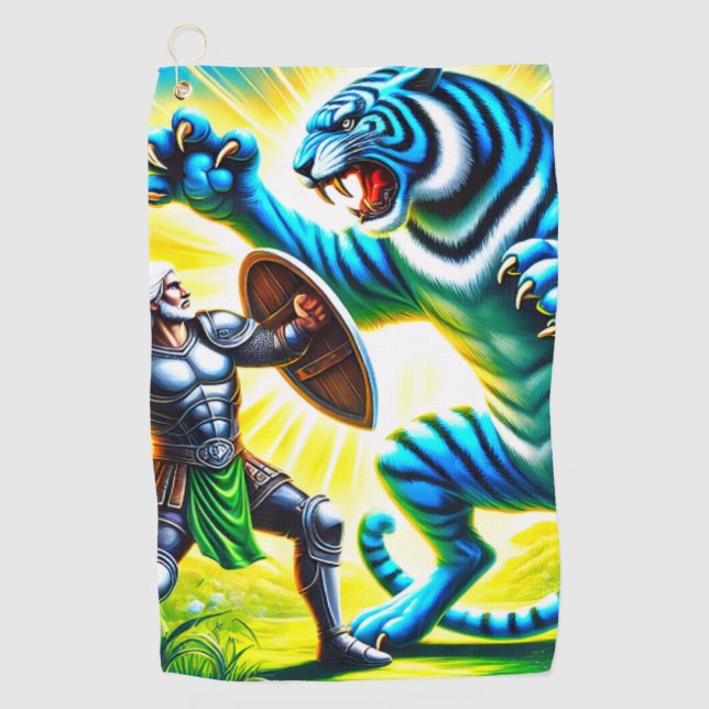 Warrior Fighting a Tiger Golf Towel (Front)