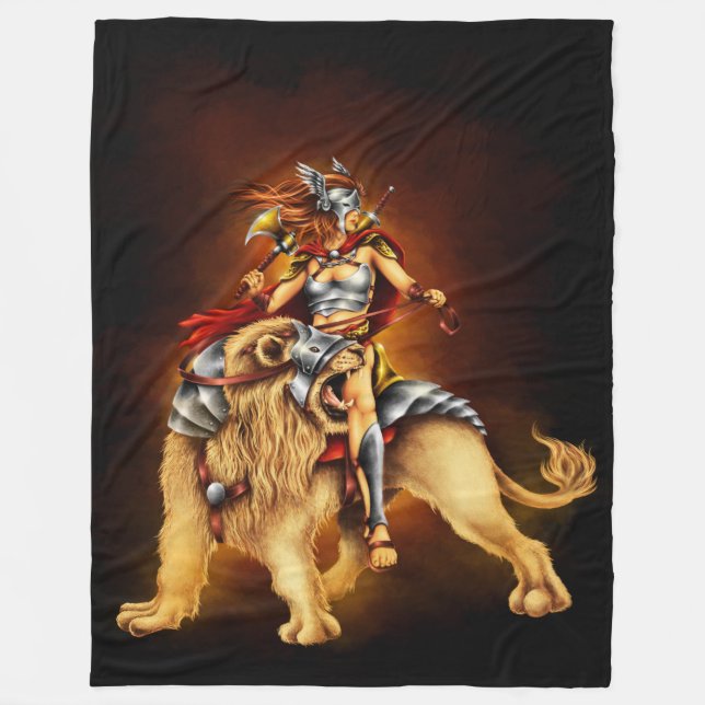 Warrior Lion Rider Fantasy Fleece Blanket (Front)
