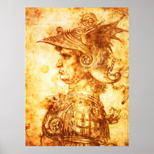 WARRIOR PROFILE IN DRAGON HELMET Sepia Drawing Poster