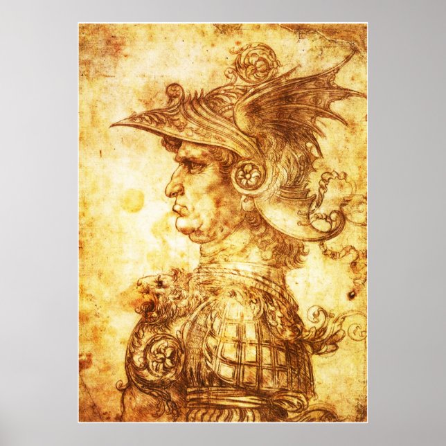 WARRIOR PROFILE IN DRAGON HELMET Sepia Drawing Poster (Front)