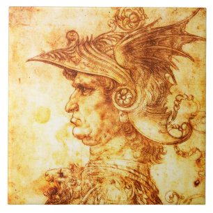 WARRIOR PROFILE IN DRAGON HELMET Sepia Drawing Tile