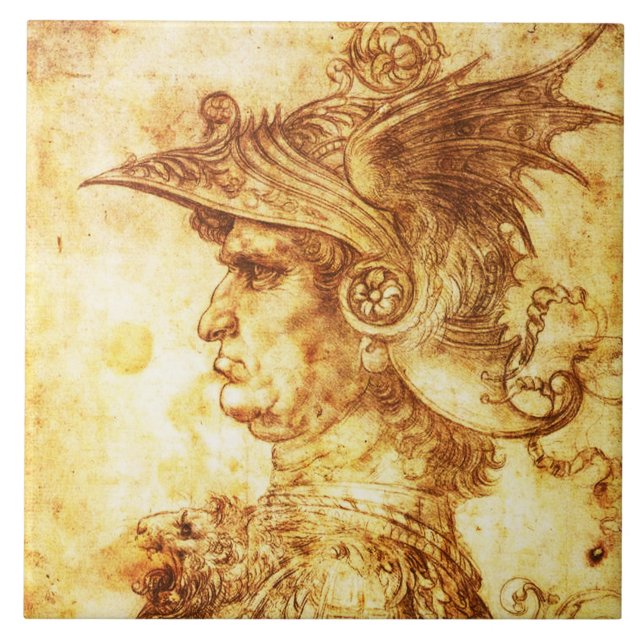 WARRIOR PROFILE IN DRAGON HELMET Sepia Drawing Tile (Front)