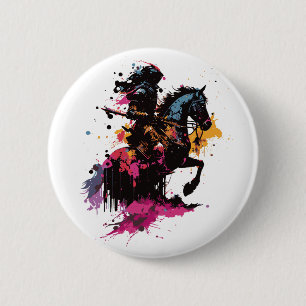 Warrior riding horse in watercolor 6 cm round badge