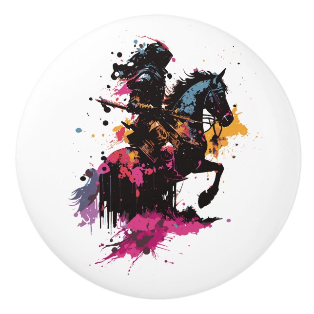 Warrior riding horse in watercolor      ceramic knob (Front)