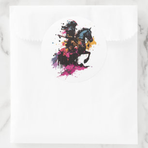 Warrior riding horse in watercolor     classic round sticker