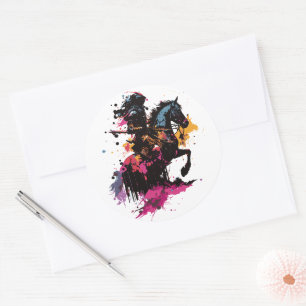 Warrior riding horse in watercolor classic round sticker