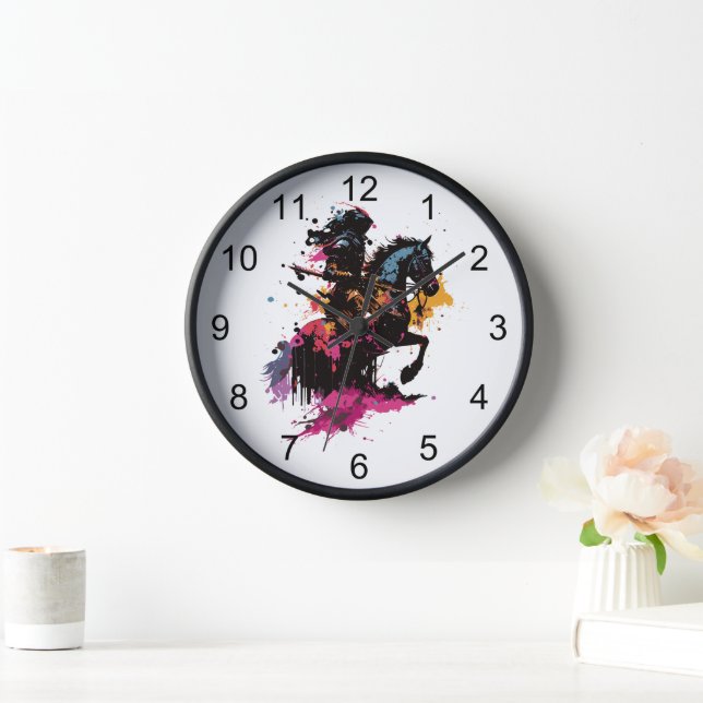 Warrior riding horse in watercolor      clock (Home)