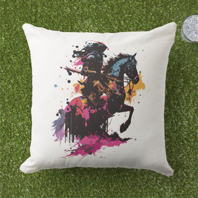 Warrior riding horse in watercolor         cushion (Grass)