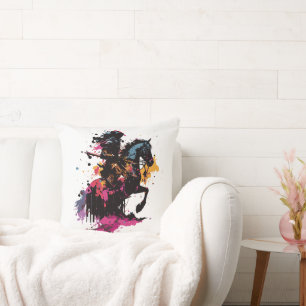 Warrior riding horse in watercolor         cushion