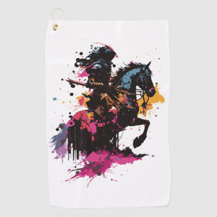 Warrior riding horse in watercolor golf towel