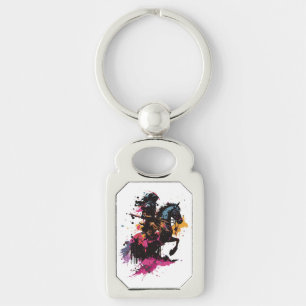 Warrior riding horse in watercolor key ring