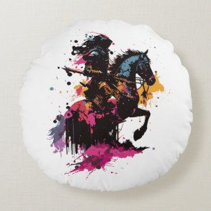 Warrior riding horse in watercolor          round  round cushion