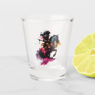 Warrior riding horse in watercolor shot glass
