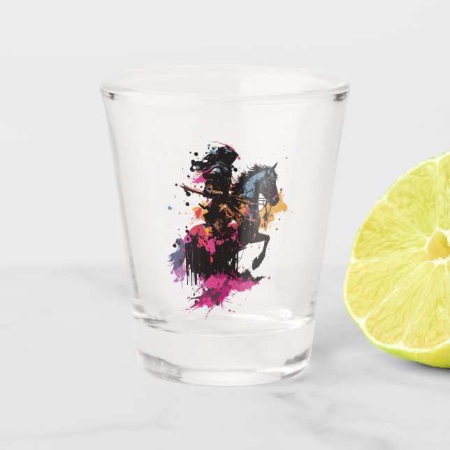 Warrior riding horse in watercolor    shot glass (Front)