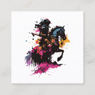 Warrior riding horse in watercolor      square business card