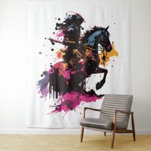 Warrior riding horse in watercolor      tapestry