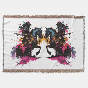 Warrior riding horse in watercolor      throw blanket
