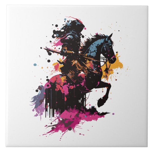Warrior riding horse in watercolor     tile (Front)