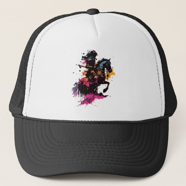 Warrior riding horse in watercolor    trucker hat (Front)