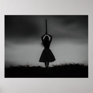 Warrior Silhouette Under Stormy Skies Poster