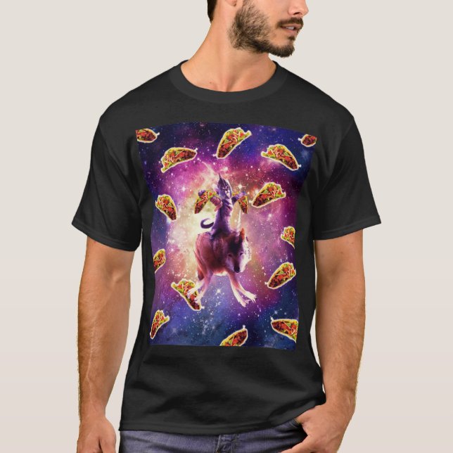 Warrior Space Cat On Wolf unicorn  T-Shirt (Front)