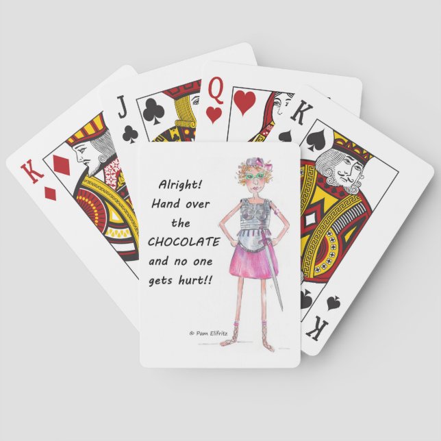 Warrior Woman Cartoon demands chocolate Playing Cards (Back)