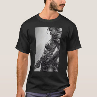 Warrior Woman Girl Sword Vintage White Black T-Shirt