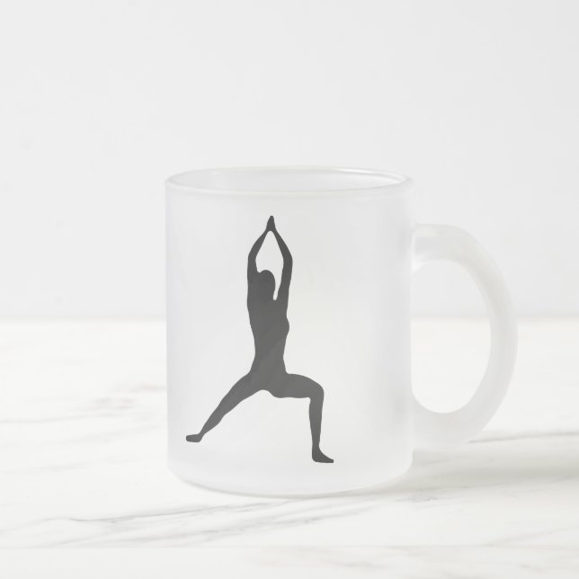 Warrior Yoga Pose Silhouette Black and White Frosted Glass Coffee Mug (Right)