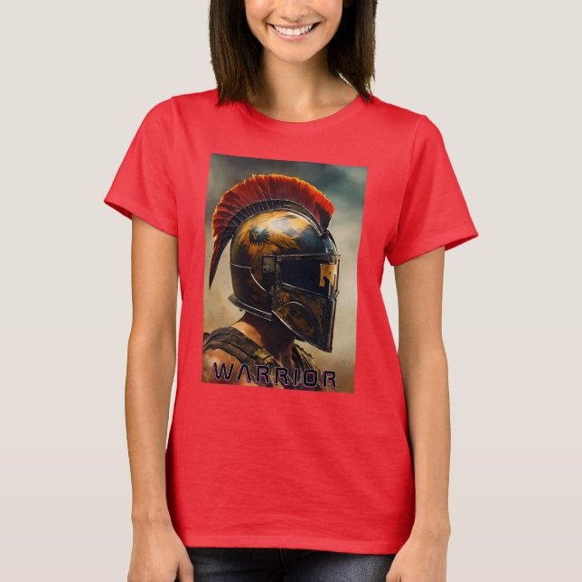 Warrior's Legacy: Bold Helmet Design in Fiery Red T-Shirt (Front)