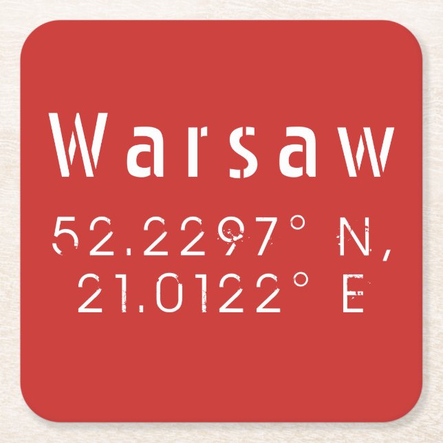 Warsaw Latitude Longitude Square Paper Coaster (Front)