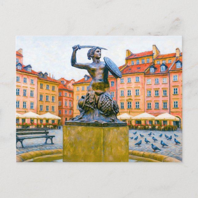 Warsaw oil painting – Old Town with Syrenka Holiday Postcard (Front)