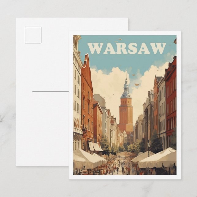 Warsaw Poland Art Vintage Travel Illustration Postcard (Front/Back)