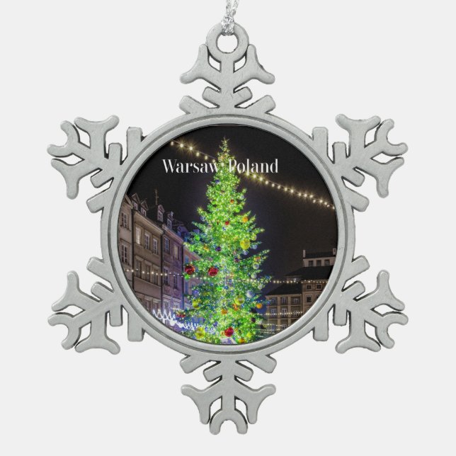 Warsaw, Poland Christmas Celebration Snowflake Pewter Christmas Ornament (Front)