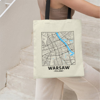 Warsaw, Poland, City Map Tote Bag
