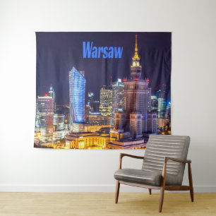 Warsaw Poland Night Skyline Warsaw Spire Tapestry