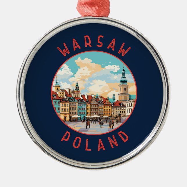 Warsaw Poland Retro Distressed Circle Metal Tree Decoration (Front)