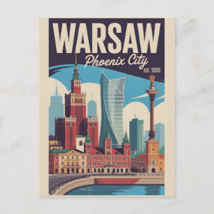 Warsaw Poland Retro Skyline Cityscape Travel Postcard
