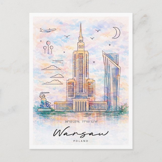 Warsaw Skyline Watercolor | Poland Cityscape Holiday Postcard (Front)