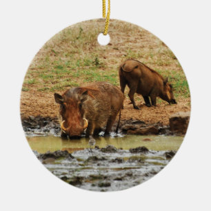 Warthogs safari wallowing ceramic tree decoration