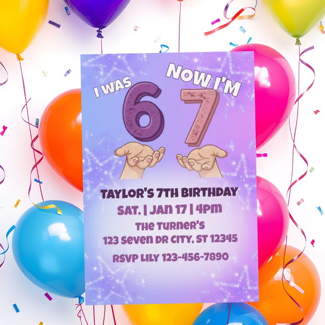 Was 6 Now 7, Pink Star 7th Birthday Invitation (Creator Uploaded)