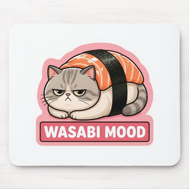 Wasabi Mood Funny Grumpy Cat Sushi Meme Mouse Mat (Front)