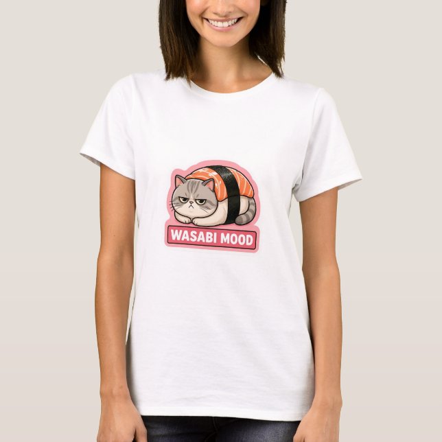 Wasabi Mood Funny Grumpy Cat Sushi Meme T-Shirt (Front)